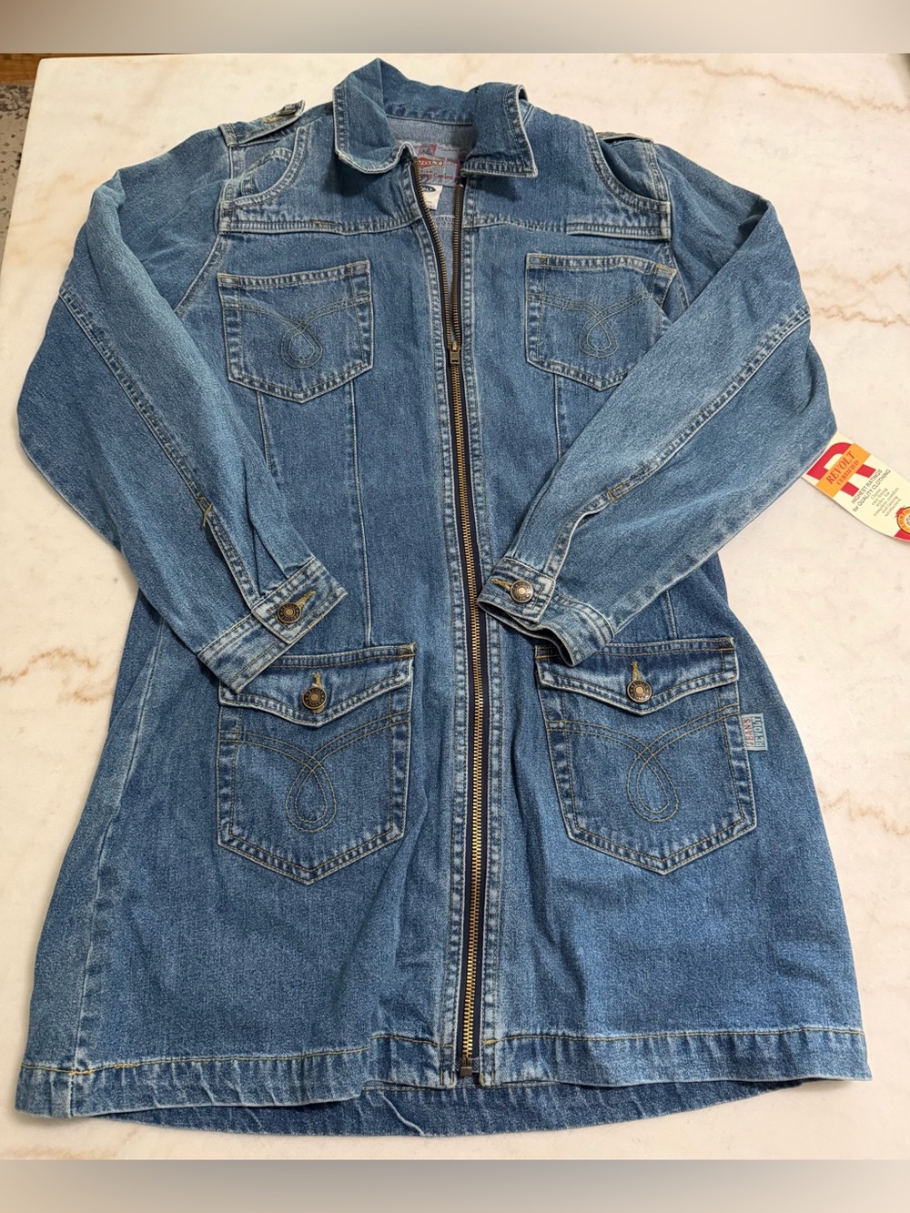 Revolt Vintage Y2K Zip Front  Denim Dress Hip and Chest Pockets  Juniors Size M